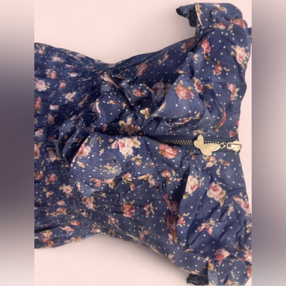 Y2K Navy Blue Floral Ruffle Mini Dress Womens Size S - Picture 2 of 5